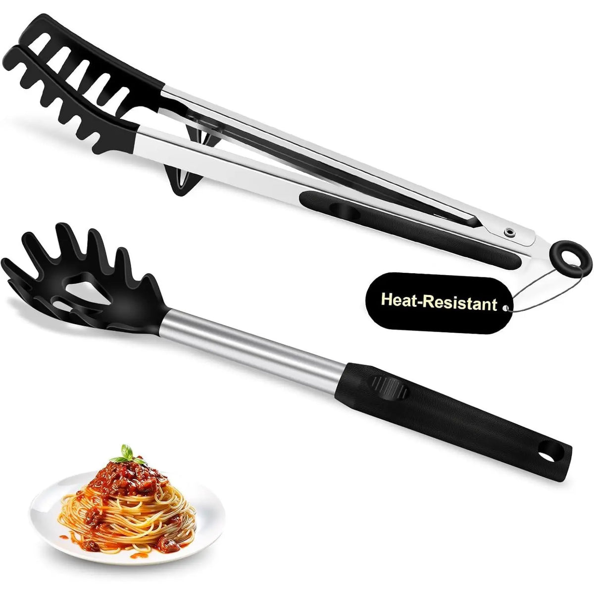2-Piece Silicone Spaghetti Spoon and Pasta Tong Set, Heat-Resistant Non-Stick Noodle Server with Teeth, 13" BPA-Free Strainer Fork, Stainless Steel Handle for Pasta Cooking, BlackGift