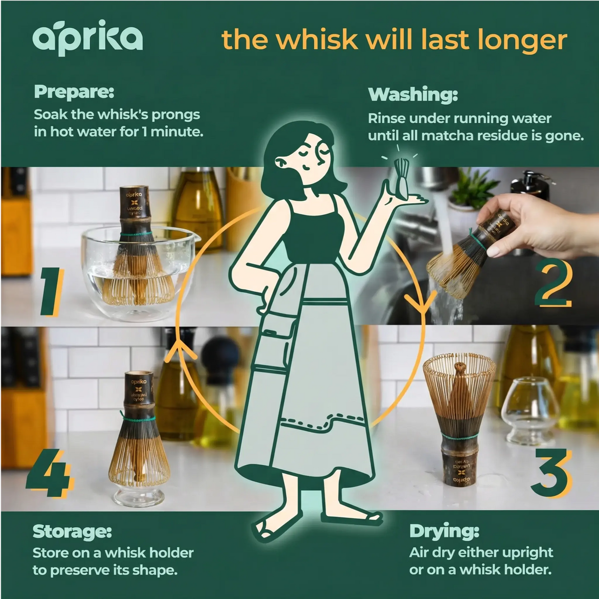Aprika Life Dark Bamboo Matcha Whisk 100 Prongs - Thin Lightweight & Thick Eco-Friendly Chasen for Perfect Matcha Experience