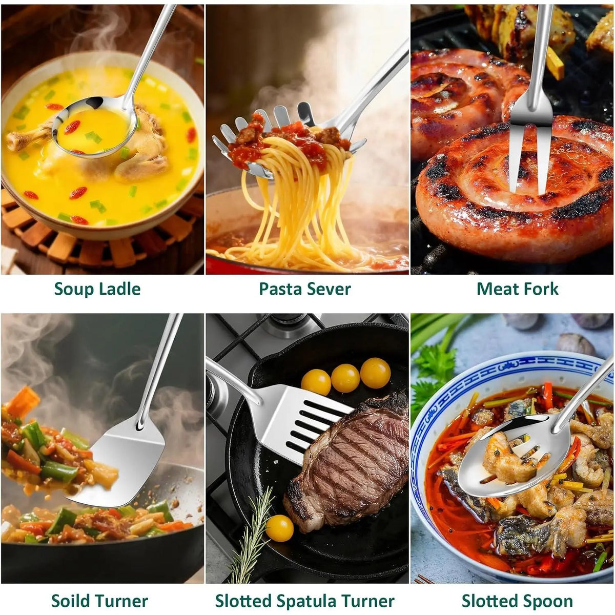 Utensils Set, 11pcs Stainless Set with Holder – Includes Turners, Masher, Spatula,, Pasta Server, Tongs, Soup Ladle, Serving Spoon
