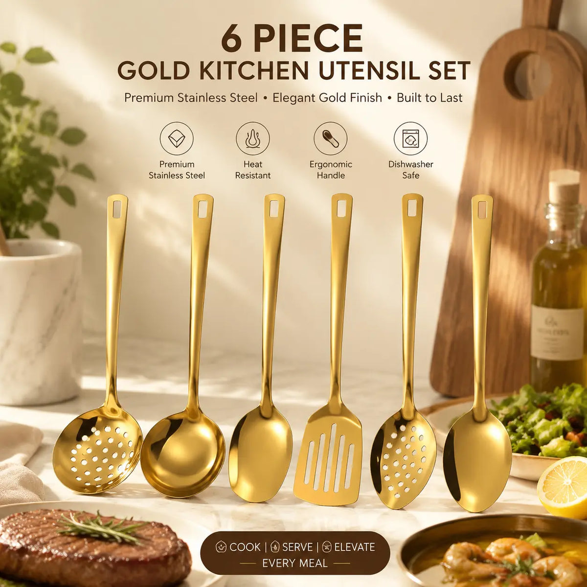 6PCS Gold Stainless Steel Kitchen Utensil Set - Heavy Duty Food Grade Tools: Cooking Spoon, Soup Ladle, Slotted Spoon, Turner for Kitchen Use