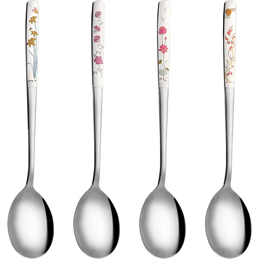 4 count Korean Spoons with Long Handles 18/8 Stainless Steel Korean Soup Spoon   Soup Spoon for Dinner Rice Coffee Desserts Ice Cream Dishwasher Safe(8 Inch)