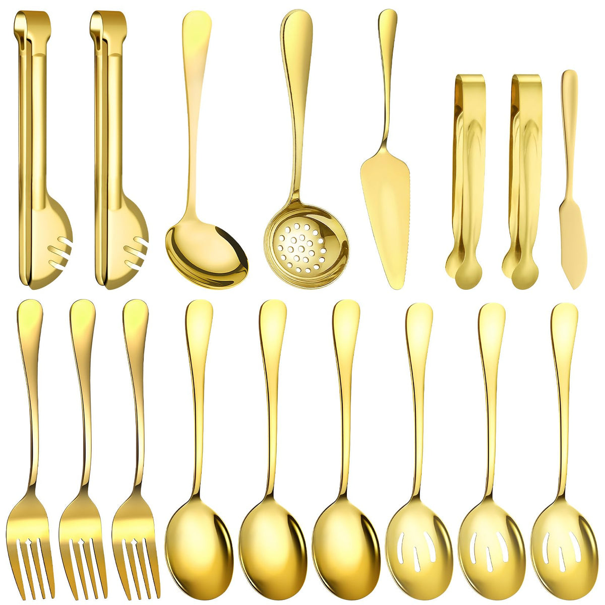 12 Pcs Silver Serving Utensils Set - Stainless Steel Large Serving Spoons, Slotted Spoons, Forks, Tongs, Soup Ladle & Pie Server - Metal Buffet Utensils for Parties, Catering, Wedding, Dishwasher Safe