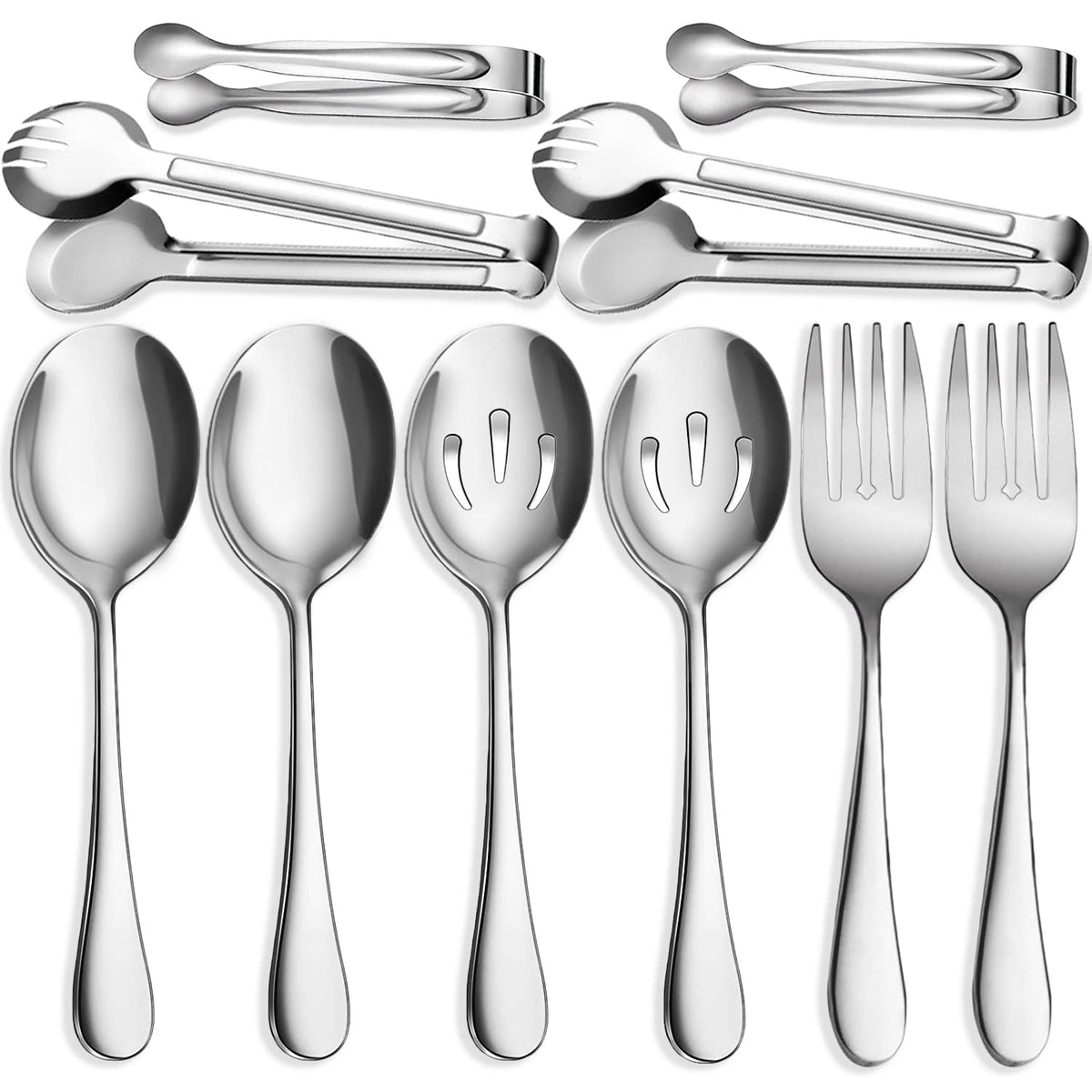 6 PCS Stainless Steel Serving Utensils, Large Serving Spoons Slotted Spoons, Forks, Ice Suger Tongs, Cake Server, Soup Ladle, Metal Utensils Set Great for Buffet Catering Banquet Party, Silver