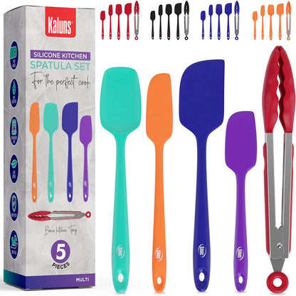 Kaluns Silicone Spatula Set, 4 Rubber Spatulas 600°F Heat Resistant, Nonstick Seamless Design with Stainless Steel Core, Dishwasher Safe, BPA free, Bonus Tongs Included