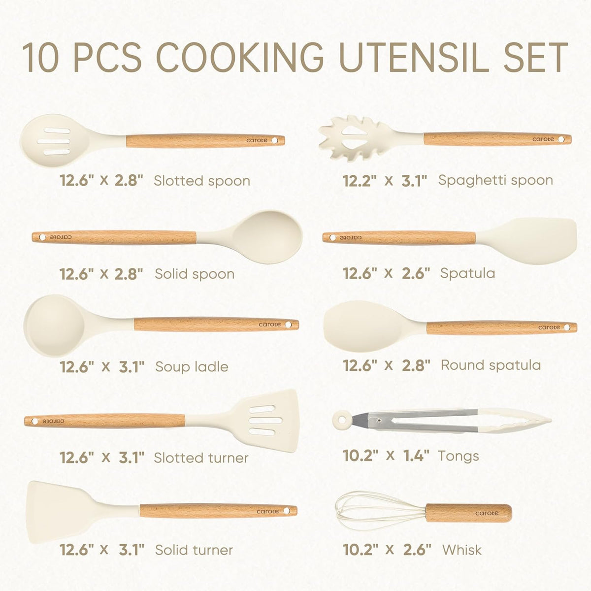 CAROTE 10-Piece Kitchen Utensils Set with Wood Cool-Touch Handles, Cream