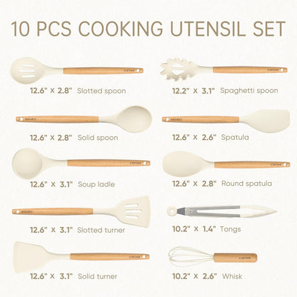 CAROTE 10-Piece Kitchen Utensils Set with Wood Cool-Touch Handles, Cream