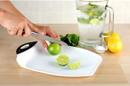 Dexas Chop & Scoop Cutting Board with Non-Slip Feet, 15 x 11 Inch, BPA-Free Dishwasher Safe Kitchen Prep Board, White and Black
