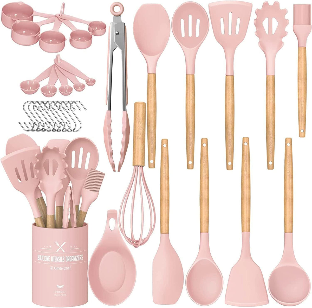Umite Chef Kitchen Cooking Utensils Set, 33 pcs Non-Stick Silicone Cooking Kitchen Spatula Set with Holder, Wooden Handle Silicone Kitchen Gadgets Utensil Set (Black)