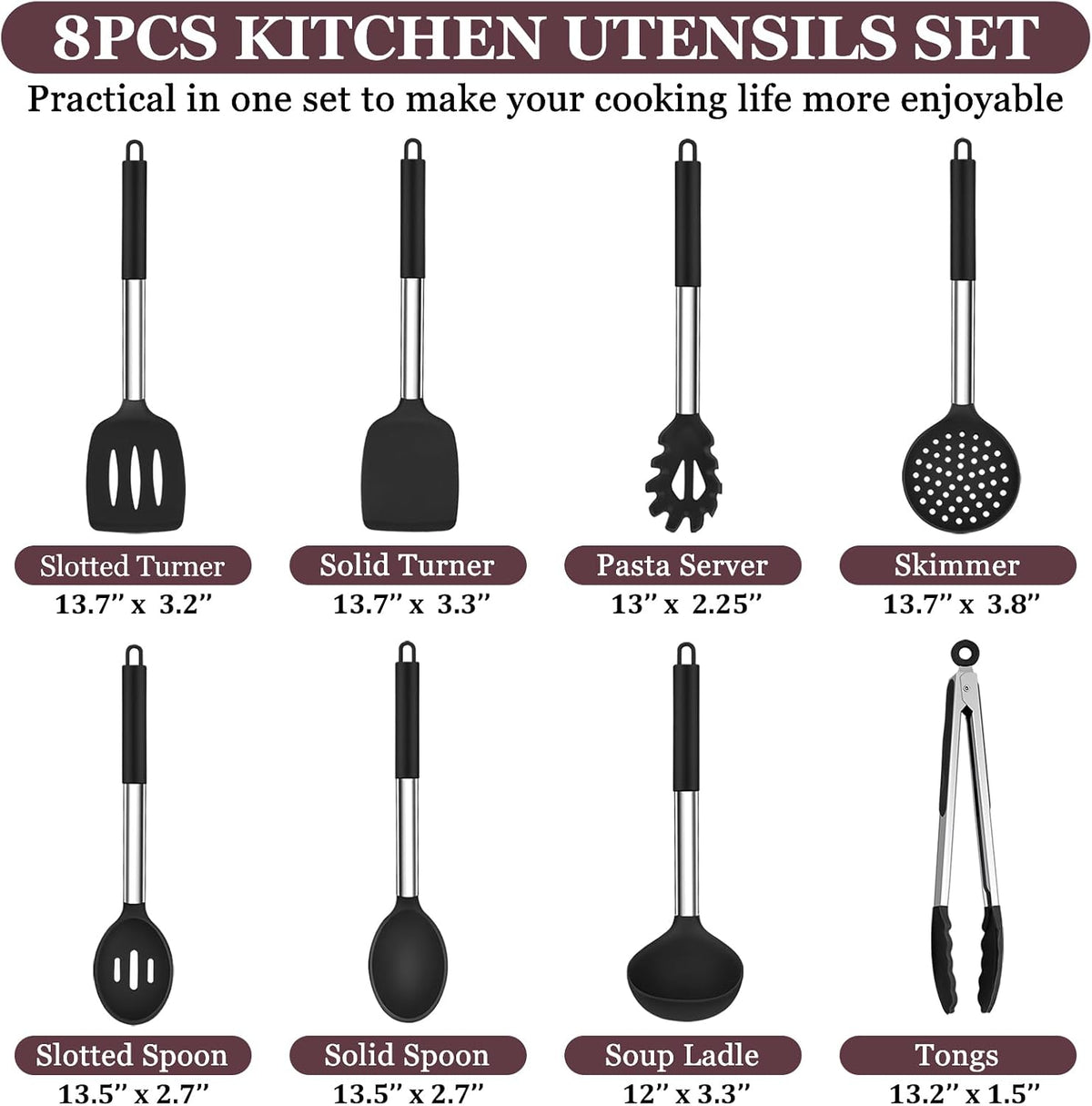 TeamFar Kitchen Utensils Set of 8, Silicone Utensils Kitchen Tools Set