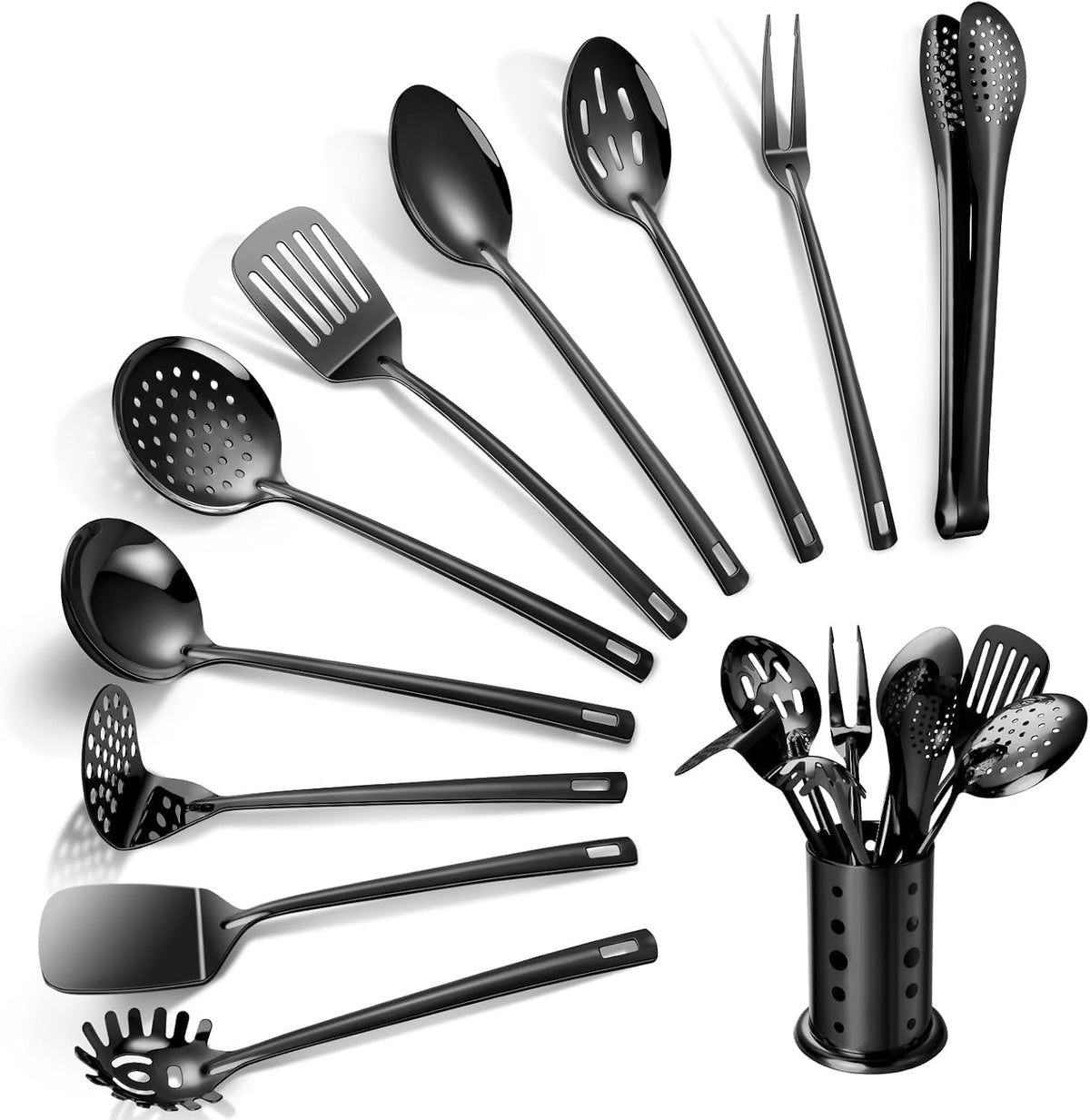 Lazycorner Kitchen Utensils Set, 11pcs Stainless Steel Cooking Utensils Set with Holder – Includes Turners, Potato Masher, Spatula, Spoons, Pasta Server, Tongs, Soup Ladle, Serving Spoon