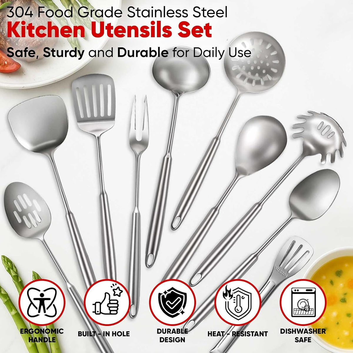 Newness 10 Pcs Cooking Utensils Set,18/8 304 Stainless Steel Kitchen Utensils Set, Metal Kitchen Accessories, Include Soup Ladle, Slotted Skimmer Spoon, Spaghetti Spoon, Spatula, Tongs,Dishwasher Safe