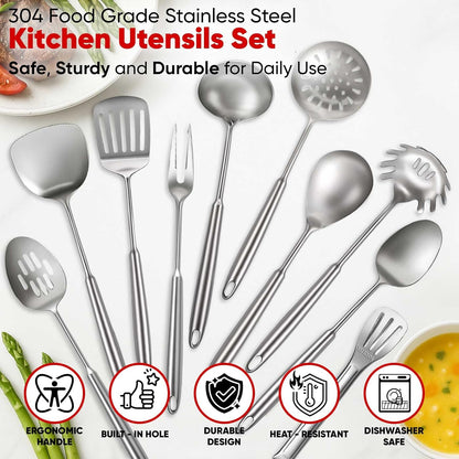 Newness 10 Pcs Cooking Utensils Set,18/8 304 Stainless Steel Kitchen Utensils Set, Metal Kitchen Accessories, Include Soup Ladle, Slotted Skimmer Spoon, Spaghetti Spoon, Spatula, Tongs,Dishwasher Safe