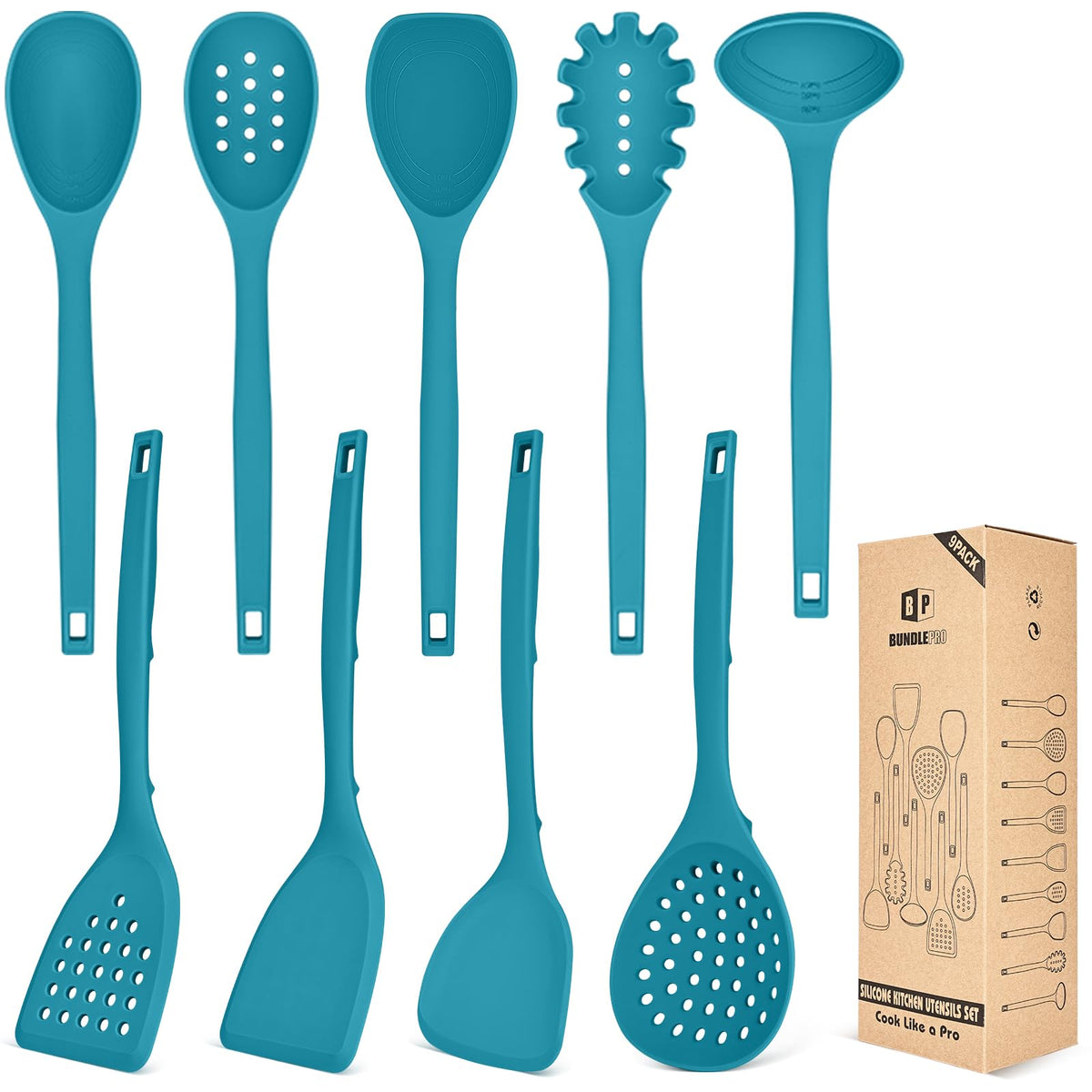 BUNDLEPRO Silicone Cooking Utensils Set, 9 Pcs Kitchen Utensils, One-Piece