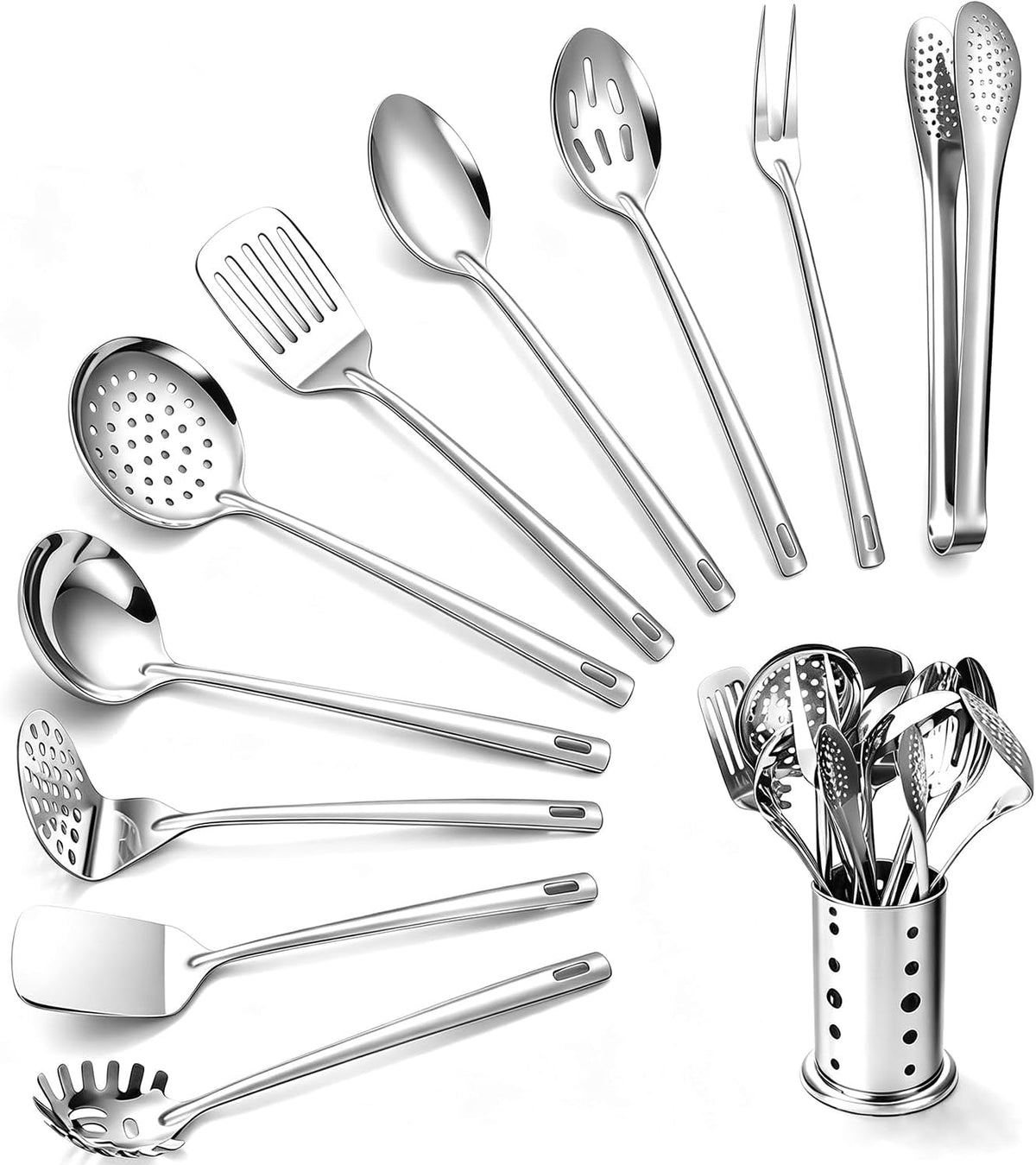 Lazycorner Kitchen Utensils Set, 11pcs Stainless Steel Cooking Utensils Set with Holder – Includes Turners, Potato Masher, Spatula, Spoons, Pasta Server, Tongs, Soup Ladle, Serving Spoon