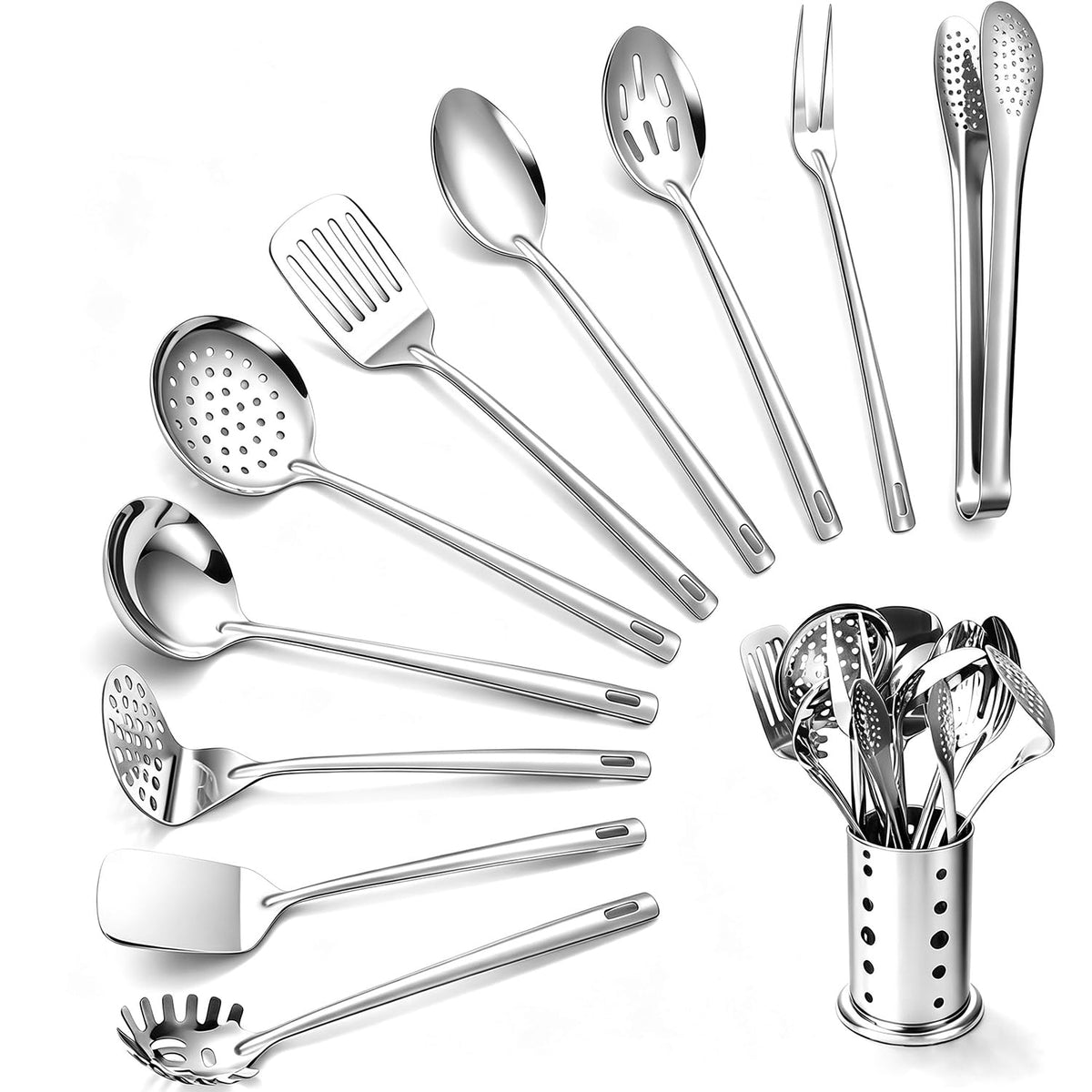 Lazycorner Kitchen Utensils Set, 11pcs Stainless Steel Cooking Utensils Set with Holder – Includes Turners, Potato Masher, Spatula, Spoons, Pasta Server, Tongs, Soup Ladle, Serving Spoon