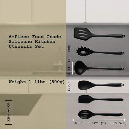 KAIZEN 6 Piece Silicone Utensils Set - All-Purpose Cooking Utensils Set for Kitchen - Non-Stick, Scratch & Heat Resistant Spoon & Spatula Set - Durable & Food Grade Cookware Tools (Black)