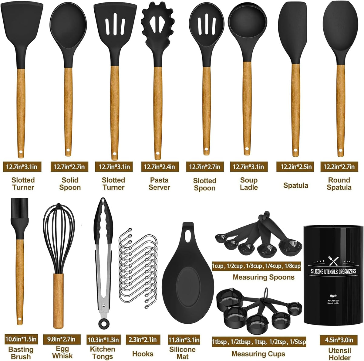 Umite Chef Kitchen Cooking Utensils Set, 33 pcs Non-Stick Silicone Cooking Kitchen Spatula Set with Holder, Wooden Handle Silicone Kitchen Gadgets Utensil Set (Black)