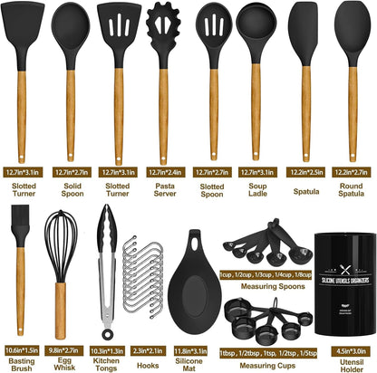 Umite Chef Kitchen Cooking Utensils Set, 33 pcs Non-Stick Silicone Cooking Kitchen Spatula Set with Holder, Wooden Handle Silicone Kitchen Gadgets Utensil Set (Black)