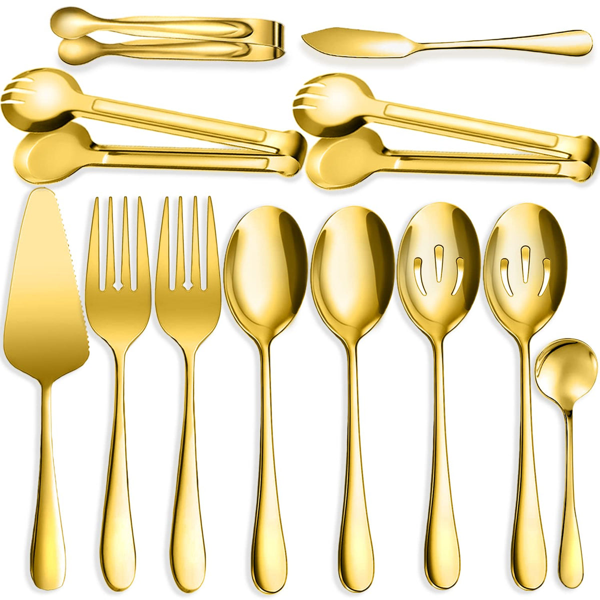 6 PCS Stainless Steel Serving Utensils, Large Serving Spoons Slotted Spoons, Forks, Ice Suger Tongs, Cake Server, Soup Ladle, Metal Utensils Set Great for Buffet Catering Banquet Party, Silver