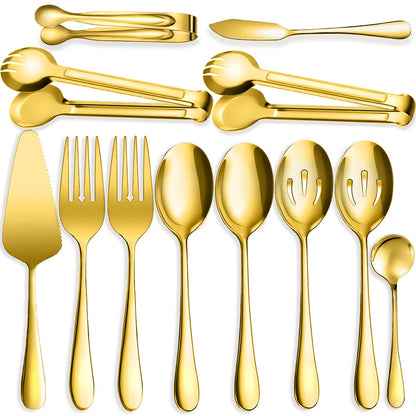 6 PCS Stainless Steel Serving Utensils, Large Serving Spoons Slotted Spoons, Forks, Ice Suger Tongs, Cake Server, Soup Ladle, Metal Utensils Set Great for Buffet Catering Banquet Party, Silver