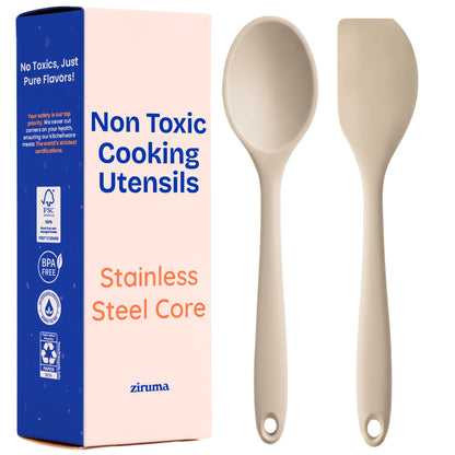 NonToxic Platinum Silicone Utensils, 100% Plastic-Free, 8-Pcs, Beige