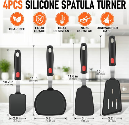 4Pcs Silicone Spatula Turner Set, Heat Resistant Silicone Spatula for Nonstick Cookware, BPA Free Kitchen Spatula Cooking Utensils Set, Flexible Spatula Turner for Flipping Eggs, Burger, Fish, Pancake