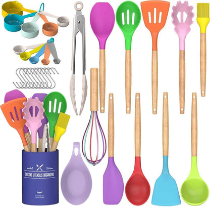 Umite Chef Kitchen Cooking Utensils Set, 33 pcs Non-Stick Silicone Cooking Kitchen Spatula Set with Holder, Wooden Handle Silicone Kitchen Gadgets Utensil Set (Black)