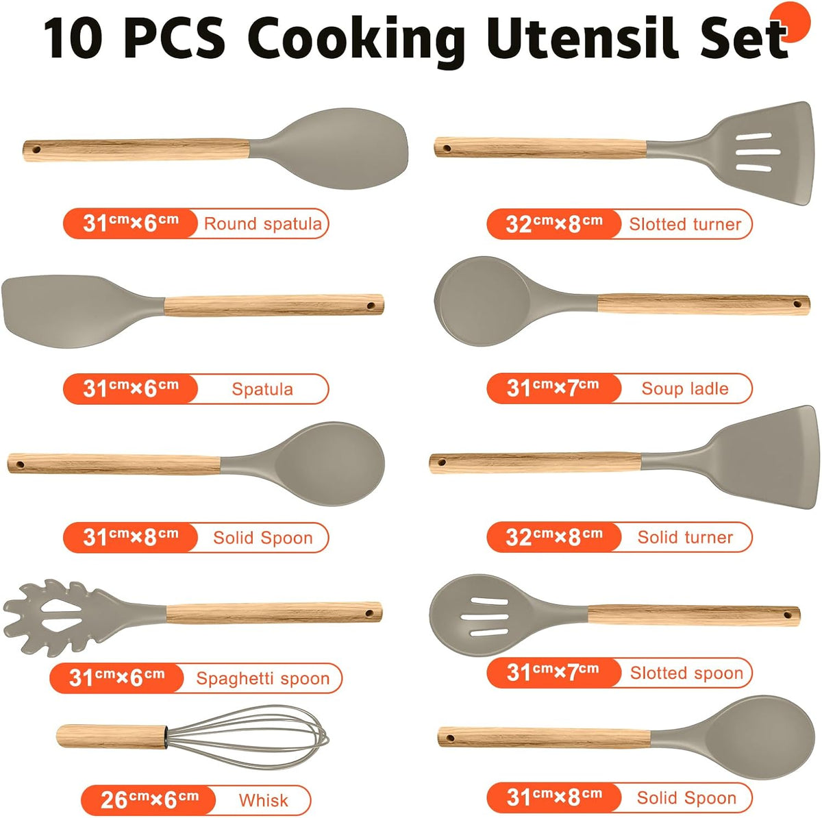 Silicone Cooking Utensil Set,10 PCS Cooking Kitchen Utensils Set, Nonstick Kitchen Utensils 446°F Heat-Resistant Cookware Tools of Spoon,Brush,Whisk,Spatula,Turner Tongs (Khaki)