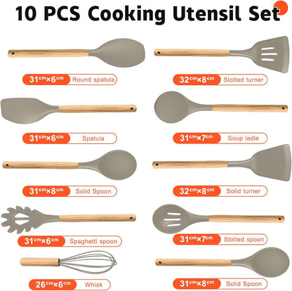 Silicone Cooking Utensil Set,10 PCS Cooking Kitchen Utensils Set, Nonstick Kitchen Utensils 446°F Heat-Resistant Cookware Tools of Spoon,Brush,Whisk,Spatula,Turner Tongs (Khaki)