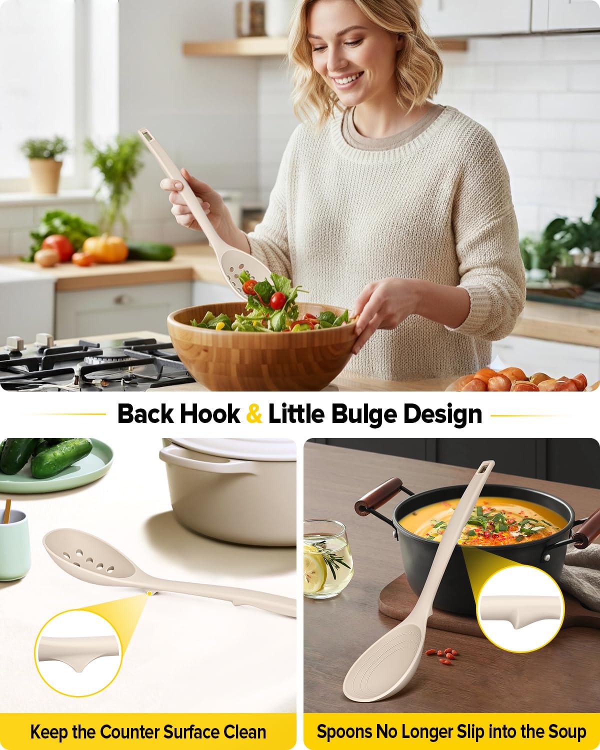 BUNDLEPRO Silicone Cooking Utensils Set, 4 Pcs Spatula and Spoon Set, Khaki