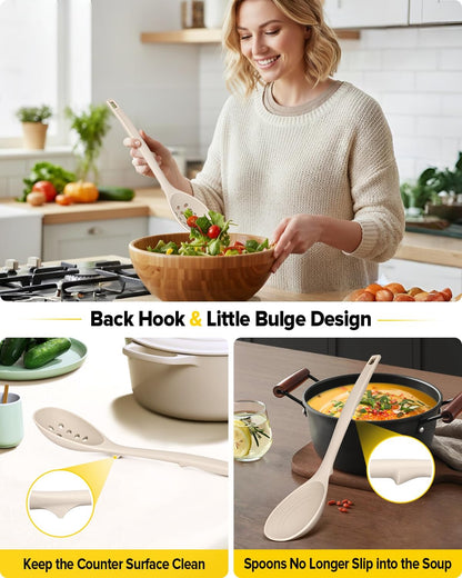 BUNDLEPRO Silicone Cooking Utensils Set, 4 Pcs Spatula and Spoon Set, Khaki
