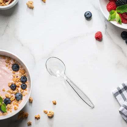 GUSTO Heavy Duty Clear Plastic Soup Spoons [300 Count] Disposable BPA Free Utensils with Engraved Design for Parties, Catering & Everyday Use (Formerly Comfy Package)