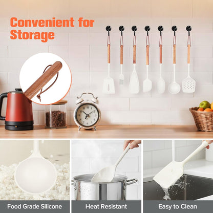 Silicone Cooking Utensils Set of 7, Wooden Handle (White)