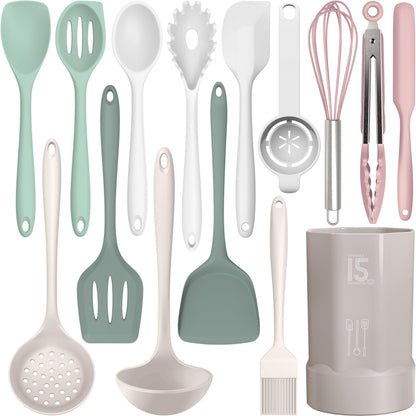 AOTHOD Silicone Cooking Utensils Set - 446°F Heat Resistant Kitchen Utensils,Turner Tongs,Spatula,Spoon,Brush,Whisk,Kitchen Utensil Gadgets Tools Set for Nonstick Cookware,Dishwasher Safe (BPA Free)