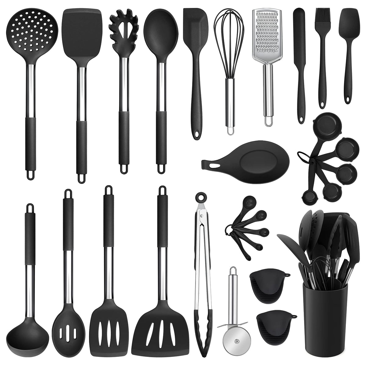 E-far Silicone Cooking Utensils Set, 7-Piece Black Kitchen Utensils Set