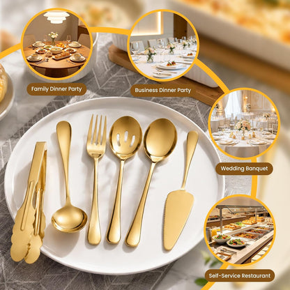 6-Piece Gold Serving Utensil Set, Serving Spoons for Buffet