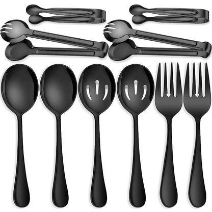 6 PCS Stainless Steel Serving Utensils, Large Serving Spoons Slotted Spoons, Forks, Ice Suger Tongs, Cake Server, Soup Ladle, Metal Utensils Set Great for Buffet Catering Banquet Party, Silver