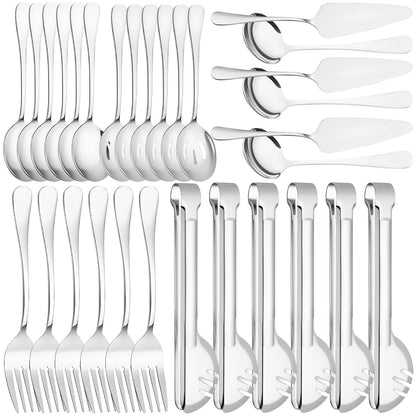 12 Pcs Silver Serving Utensils Set - Stainless Steel Large Serving Spoons, Slotted Spoons, Forks, Tongs, Soup Ladle & Pie Server - Metal Buffet Utensils for Parties, Catering, Wedding, Dishwasher Safe