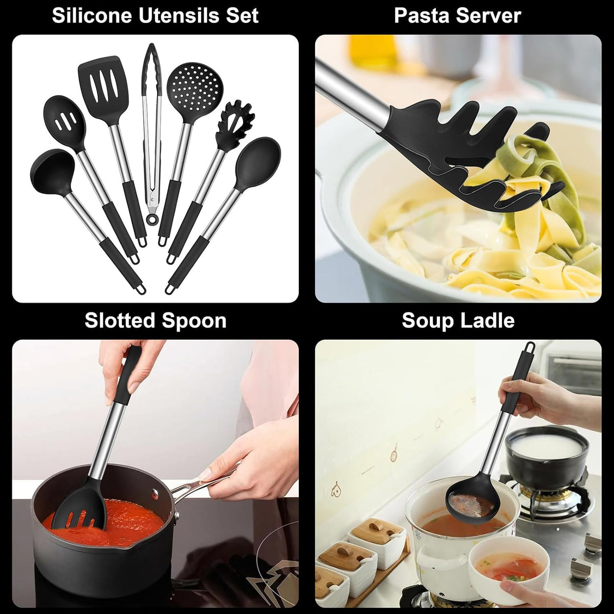 E-far Silicone Cooking Utensils Set, 7-Piece Black Kitchen Utensils Set