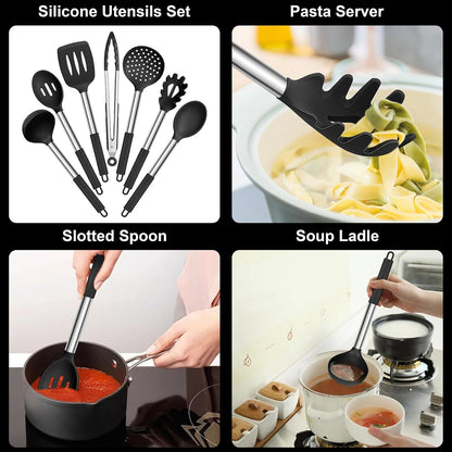 E-far Silicone Cooking Utensils Set, 7-Piece Black Kitchen Utensils Set