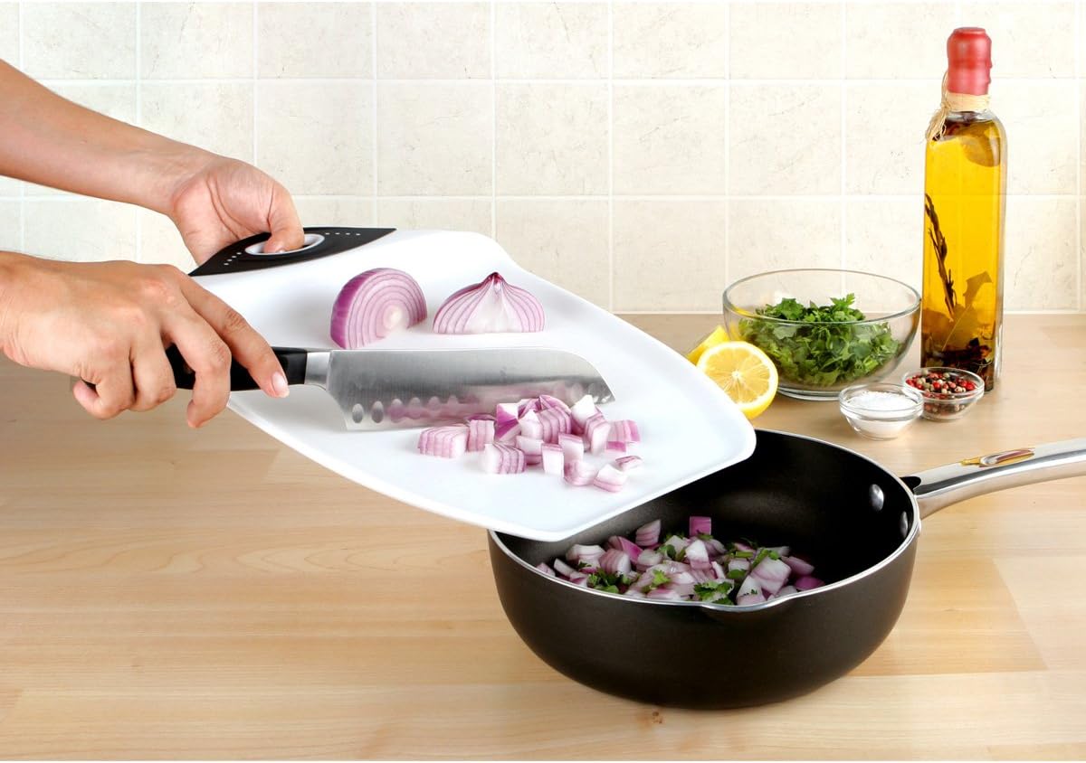 Dexas Chop & Scoop Cutting Board with Non-Slip Feet, 15 x 11 Inch, BPA-Free Dishwasher Safe Kitchen Prep Board, White and Black