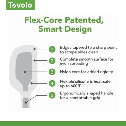 Tovolo Flex Core 5 Piece Silicone Spatula Set Heat Resistant All Silicone Utensils Include Non Stick Spatula Spoonula Jar Scraper, Dishwasher Safe BPA Free Spatulas for Baking Mixing, Pesto Green