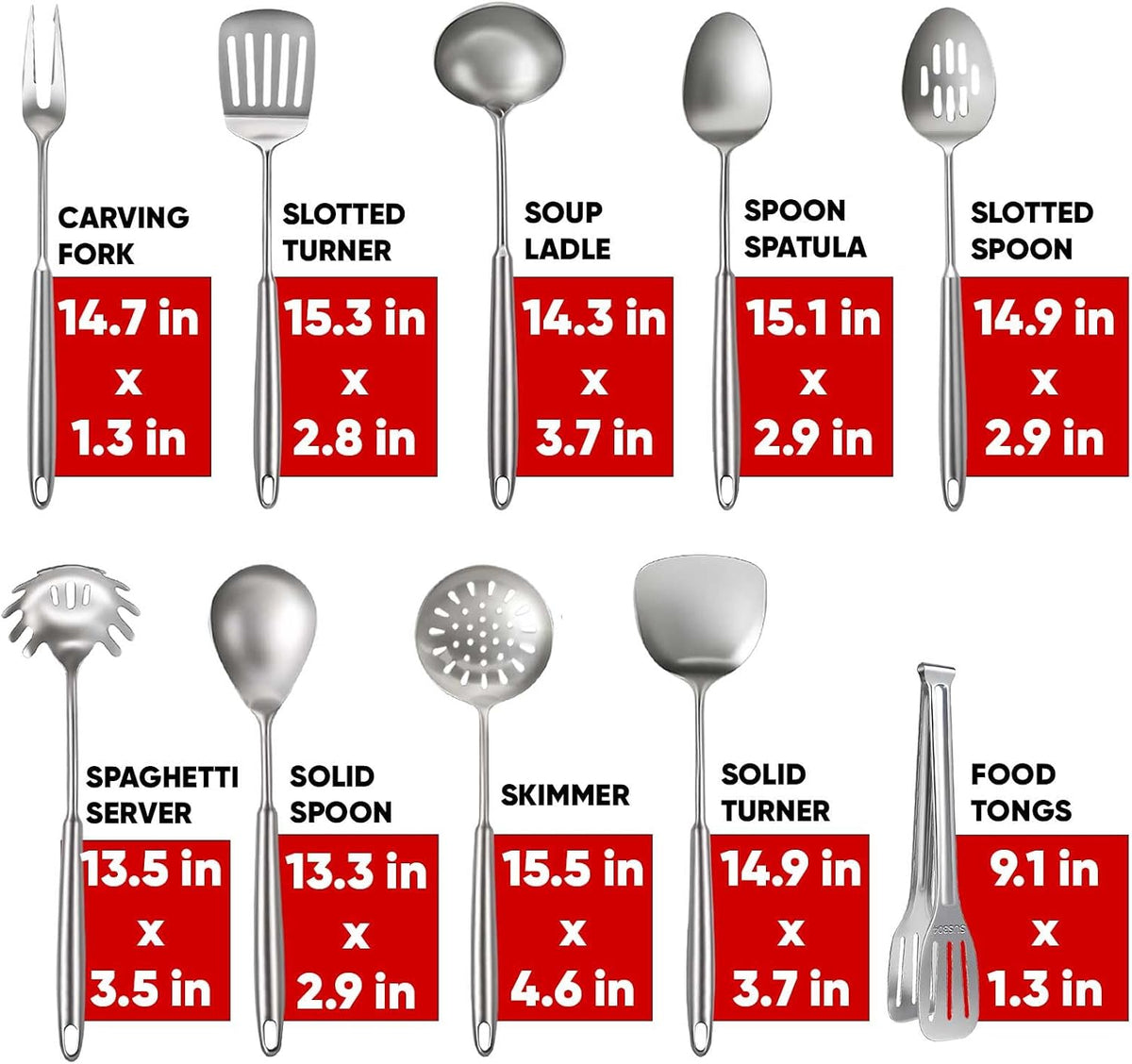 Newness 10 Pcs Cooking Utensils Set,18/8 304 Stainless Steel Kitchen Utensils Set, Metal Kitchen Accessories, Include Soup Ladle, Slotted Skimmer Spoon, Spaghetti Spoon, Spatula, Tongs,Dishwasher Safe