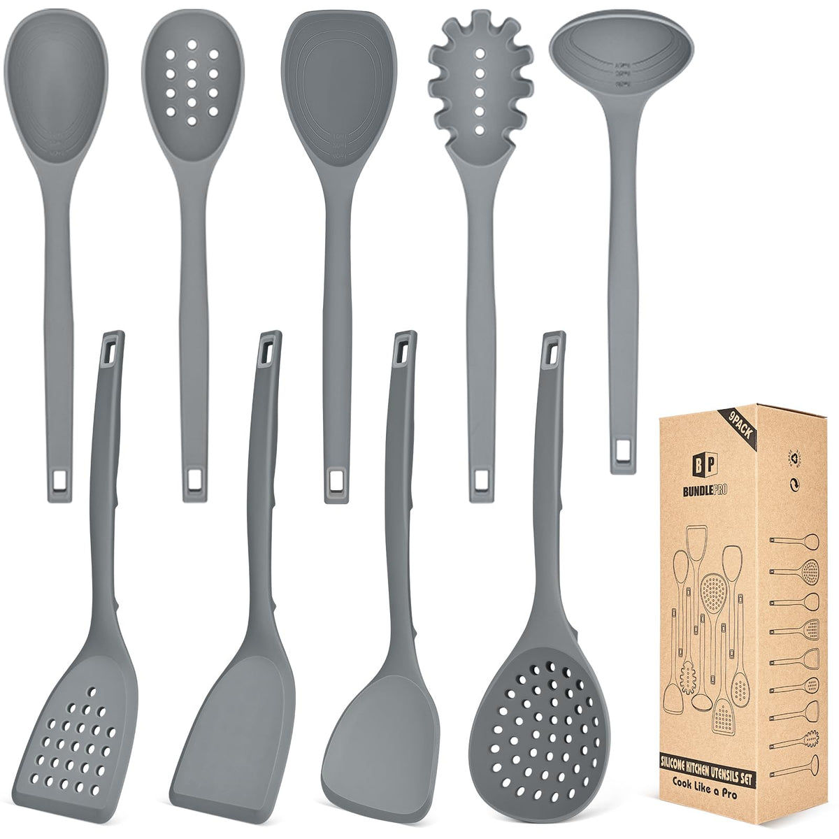 BUNDLEPRO Silicone Cooking Utensils Set, 9 Pcs Kitchen Utensils, One-Piece