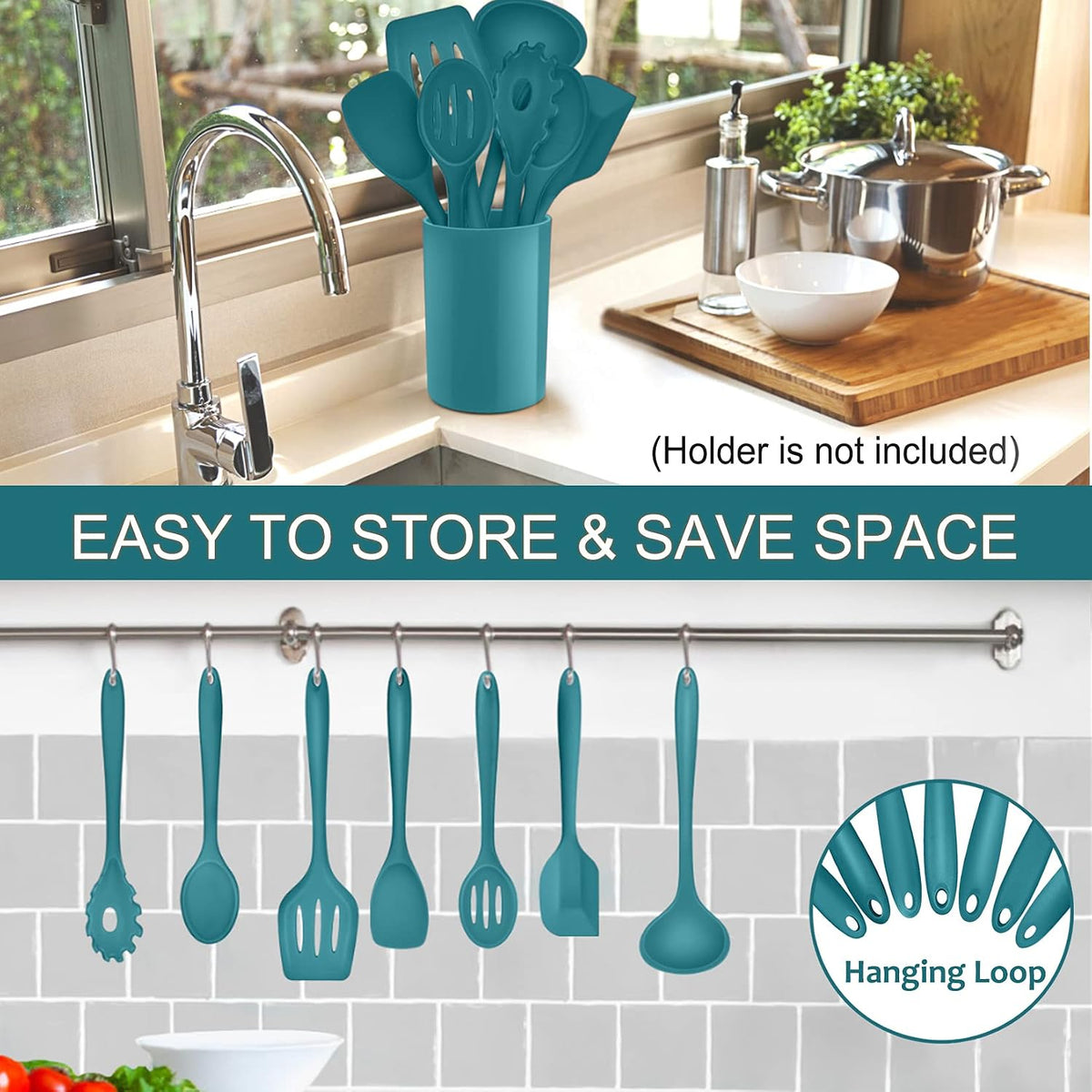 P&P CHEF Blue Kitchen Utensils, Silicone Cooking Utensil Set of 7