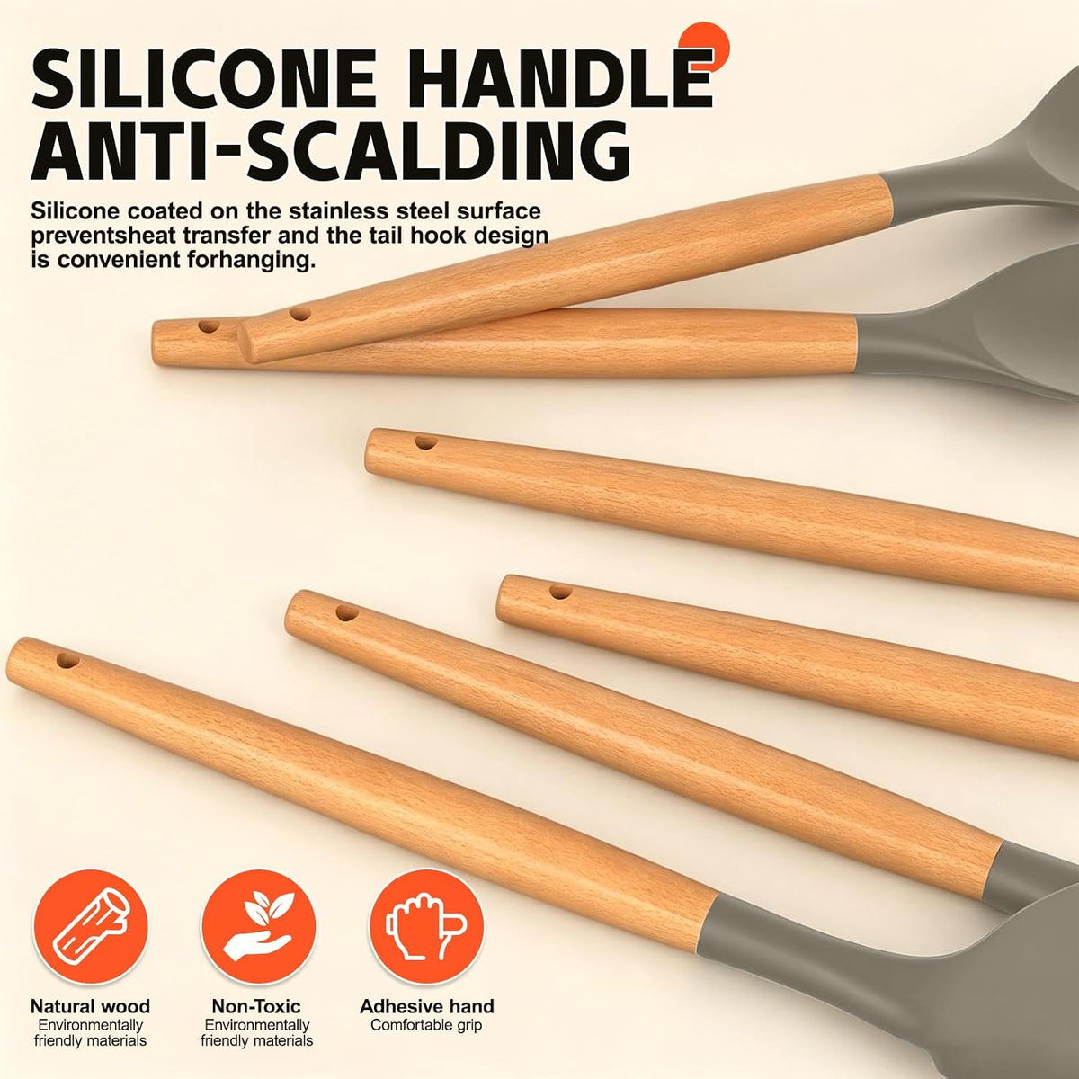 Silicone Cooking Utensil Set,10 PCS Cooking Kitchen Utensils Set, Nonstick Kitchen Utensils 446°F Heat-Resistant Cookware Tools of Spoon,Brush,Whisk,Spatula,Turner Tongs (Khaki)
