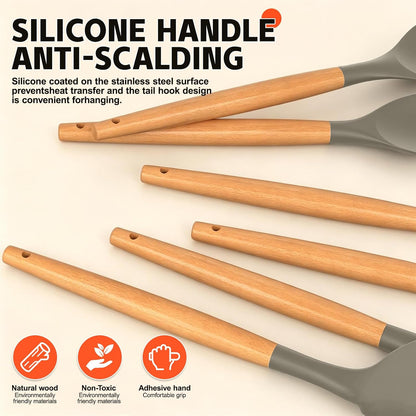 Silicone Cooking Utensil Set,10 PCS Cooking Kitchen Utensils Set, Nonstick Kitchen Utensils 446°F Heat-Resistant Cookware Tools of Spoon,Brush,Whisk,Spatula,Turner Tongs (Khaki)