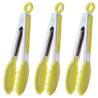 HINMAY Small Silicone Tongs 7-Inch Mini Serving Tongs, Set of 3 (Black Gray White)