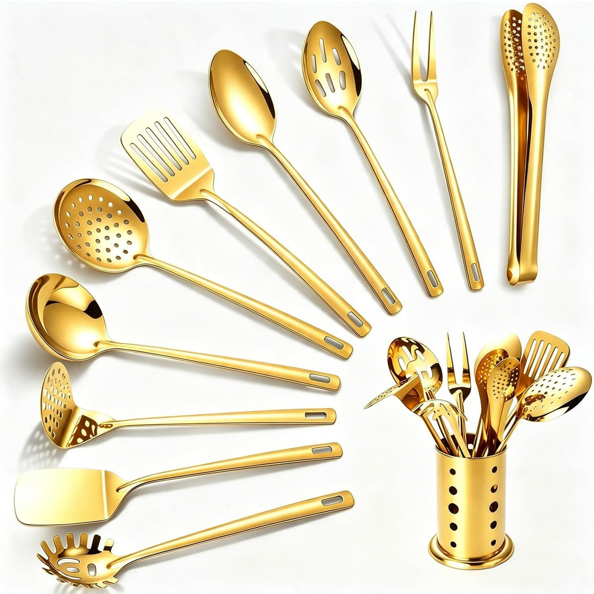 Lazycorner Kitchen Utensils Set, 11pcs Stainless Steel Cooking Utensils Set with Holder – Includes Turners, Potato Masher, Spatula, Spoons, Pasta Server, Tongs, Soup Ladle, Serving Spoon
