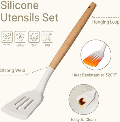 CAROTE 10-Piece Kitchen Utensils Set with Wood Cool-Touch Handles, Cream